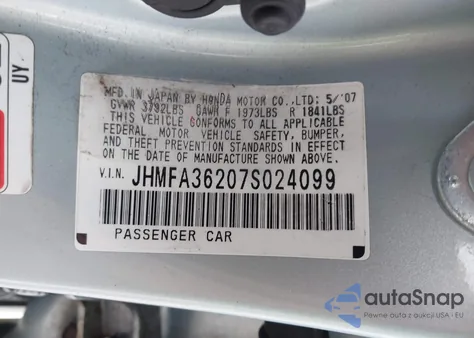 2007 Honda Civic Hybrid from USA, damaged, VIN JHMFA36207S024099